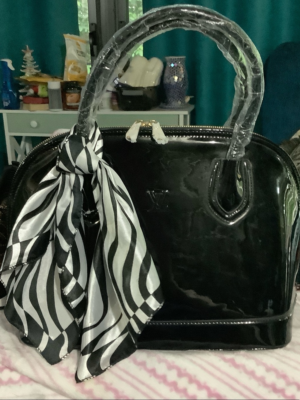 Black Patent Dome Satchel with Zebra Scarf - Women Bags